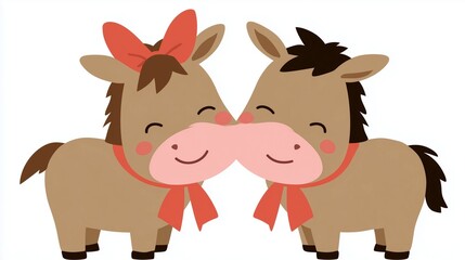 Obraz premium Cute Horse Couple Illustration – Kawaii Style