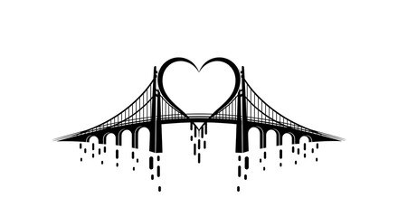 Fototapeta premium Black bridge silhouette with heart shape and dripping effect on a white background illustration