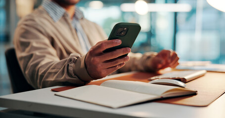 Business man, office or hands with smartphone, check time or waiting for client feedback at night. Deadline pressure, overtime or investor expect notification for update, project status email or tech