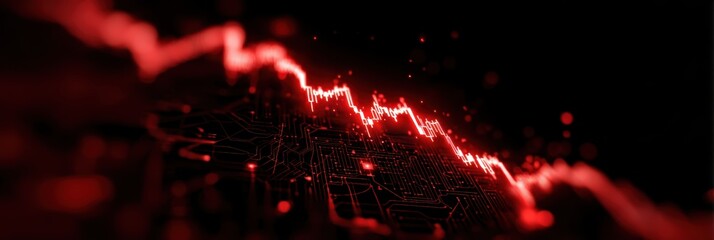 finance and technology integration, a digital artwork depicts a financial candlestick chart dropping in vivid red against a dark background, with a dark void on the right circuit board patterns add