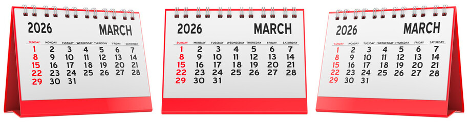 Desk calendar, March 2026. Front and side views, 3D rendering