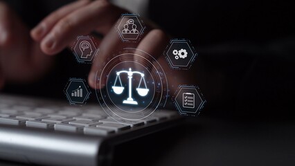 Futuristic digital law interface displaying justice scale, highlighting digital law, AI compliance,...