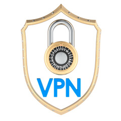 VPN security shield with combination lock, 3d rendering