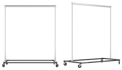 Metal clothing racks on wheels, front and side views. 3d rendering