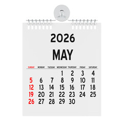 May 2026 wall calendar, 3D rendering