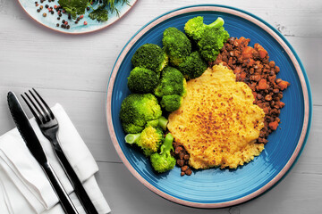 Healthy Lentil Mash Pie Served with Fresh Broccoli