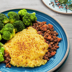 Healthy Lentil Mash Pie Served with Fresh Broccoli