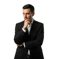 Thoughtful businessman in a dark suit with hand on chin contemplating a serious decision isolated on transparent background