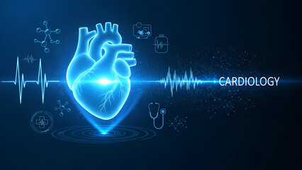 Glowing blue human heart with electrocardiogram and medical icons on dark background anatomy