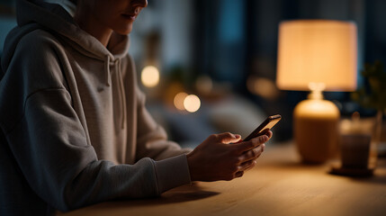 Cozy evening at home tired person with hoodie turning off smartphone notifications and flipping the phone face down on a wooden table warm lamp light faceless hands only calm