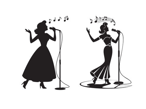 Vintage female vocalists singing, musical notes flowing, stage Vector