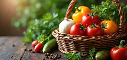 Rustic wood table displays wicker basket brimming with fresh garden vegetables. Ripe red tomatoes, yellow bell peppers, white onion, green cucumber, parsley ready for healthy plant-based meal. Farm