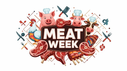 Celebrate Meat Week with this vibrant illustration featuring happy farm animals and delicious cuts of steak, perfect for butcher shops, restaurants, and food festivals