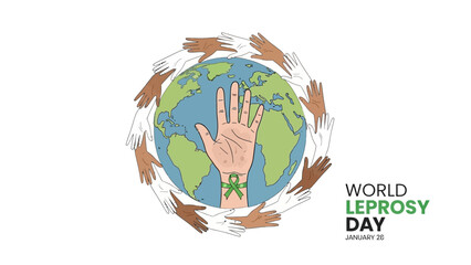 Show your support for World Leprosy Day this January 28th with this illustration of diverse hands surrounding the earth with a green awareness ribbon, promoting inclusion and global awareness