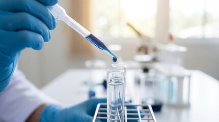 Close up of scientist hand in blue glove using pipette to drop blue chemical solution into test tube in laboratory for medical research analysis.