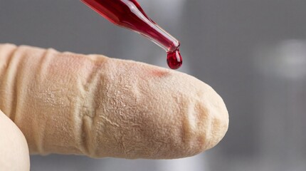 Close up pipette dropping red liquid onto finger. Concept of blood test analysis and healthcare. Ideal for medical research visuals.