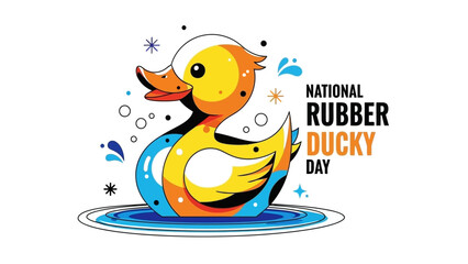 Celebrate National Rubber Ducky Day with this vibrant cartoon illustration perfect for social media campaigns and playful designs, bring joy with this cheerful ducky art