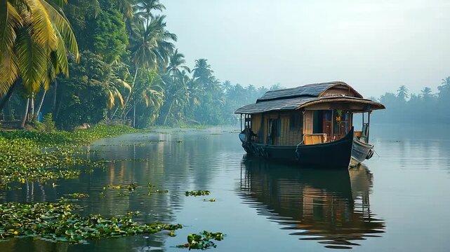  traditional house boat on tranquil lake in kerala backwaters video