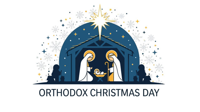 Celebrate the joy of Orthodox Christmas Day with this beautiful Nativity scene illustration conveying peace and serenity during the festive winter season, perfect for greeting cards