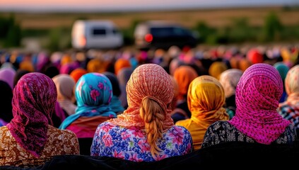 Women in colorful headscarves attend an outdoor event at sunset, creating a vibrant cultural scene
