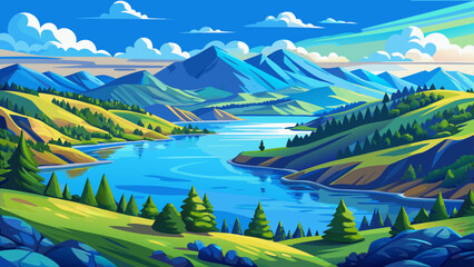 Very beautiful shimmering blue waters of Angostura Reservoir meet sunny shorelines, rolling hills, and peaceful skies, forming a warm, inviting summer scene ideal for outdoor recreation and travel the