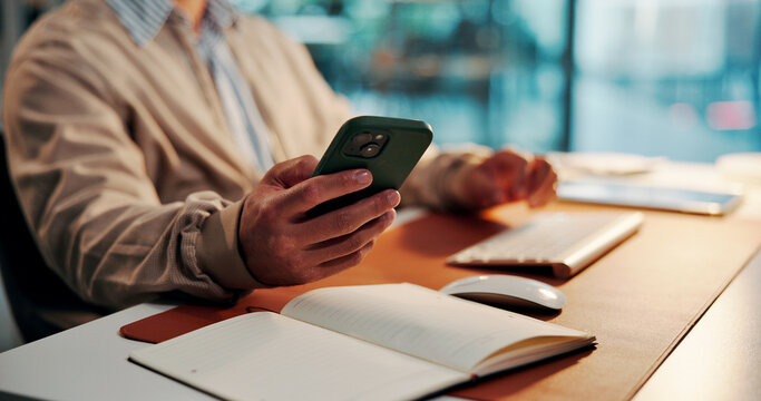 Business man, office or hands with mobile, check time or waiting for client feedback at night. Deadline pressure, overtime or investor expect notification for update, project status email or phone - Powered by Adobe