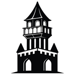 A striking silhouette portrays an elegant medieval castle tower with arched entrances and unique architecture