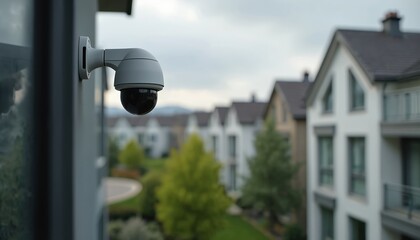 Security camera on modern building watches residential neighborhood. Dome CCTV provides surveillance for smart homes. Tech monitors safety in urban areas with privacy, keeping residents secure,