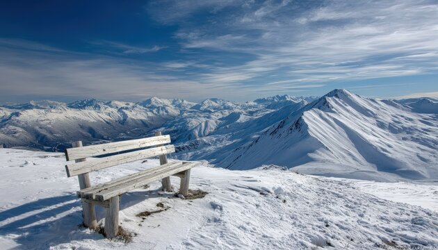 Wooden bench sits atop a snowy mountain peak overlooking vast alpine ranges under a bright blue sky