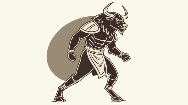 Powerful minotaur character in dynamic pose with strong muscles and detailed features. Minotaur exudes strength and determination as it approaches
