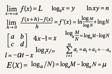 a densely filled page with numerous mathematical formulas written by hand. The formulas belong to various sections of mathematics.
