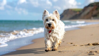 White dog walks on a sandy beach towards camera, with ocean and a grassy hill in the background