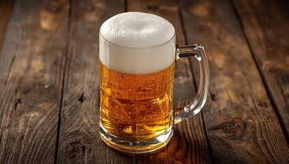 A single clear glass mug filled with golden beer, topped with a thick, frothy white head