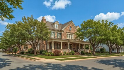 A stately traditional home with stone accents and a deep front porch, framed by mature trees. Conveys a sense of timeless charm, wealth, and established elegance.
