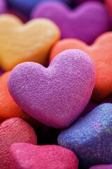 Obraz premium Vibrant heart-shaped candy coated in colorful glitter against a white backdrop.