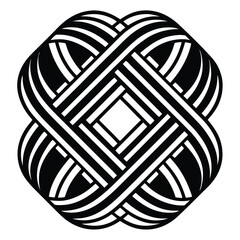 Interwoven curved lines form an abstract knot with a geometric square space inside in monochrome