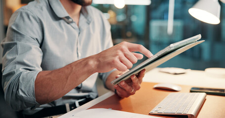 Browsing, online and hands with tablet, office or plan for article on web, creative and working...