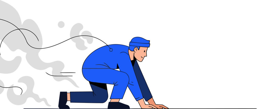 A blue worker crawls under smoke, conveying urgency and evasion. Dynamic illustration with a modern, minimalist style. Suitable for conveying stress or danger.