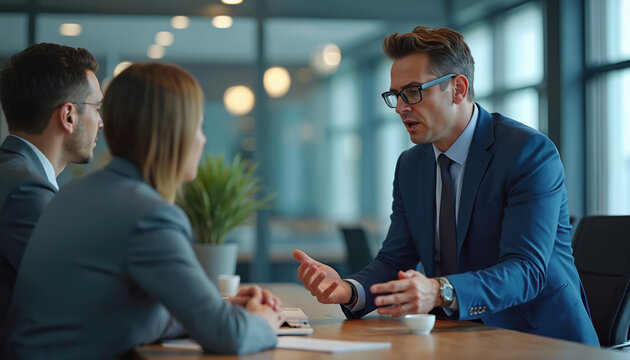 Business tech consultant explains digital assets protection strategy to new clients in modern office setting. Expert advises small business owners on cyber security trends, data privacy.