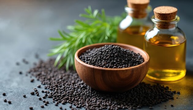 Black cumin seeds close view. Wooden bowl filled with natural black cumin scattered on stone surface. Two oil bottles and green plant are at background. Food still life shot.