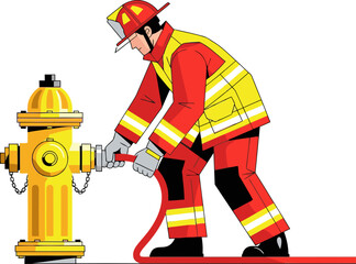 A firefighter connects a hose to a fire hydrant, ensuring a secure water source. Bold colors and clear composition for impactful visuals.