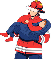 A firefighter performs a victim rescue carry, demonstrating a crucial rescue operation. Clear, professional illustration with vibrant colors and a focused composition.