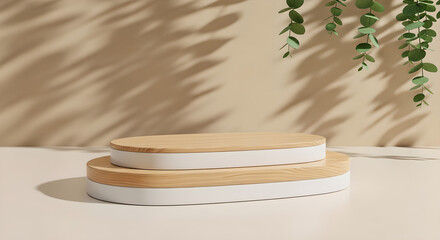 Product Display Podium Wood White Oval Beige Background Copy Space