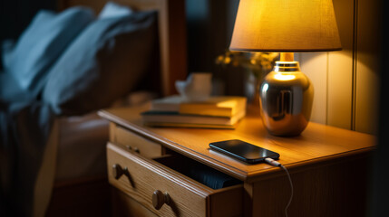 Bedroom nightstand charging phone placed in a drawer instead lamp and book visible no people sleep routine screen free bedtime digital detox tech fatigue cozy interior wit