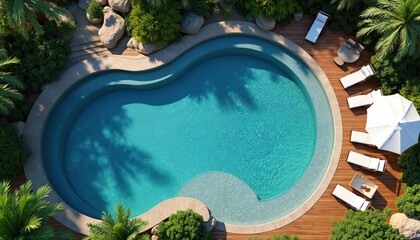 Curved swimming pool with blue water in tropical resort. Sun loungers, umbrella on wooden deck. Rich green plants, palm trees surround pool area. Peaceful vacation relaxation scene from top view.