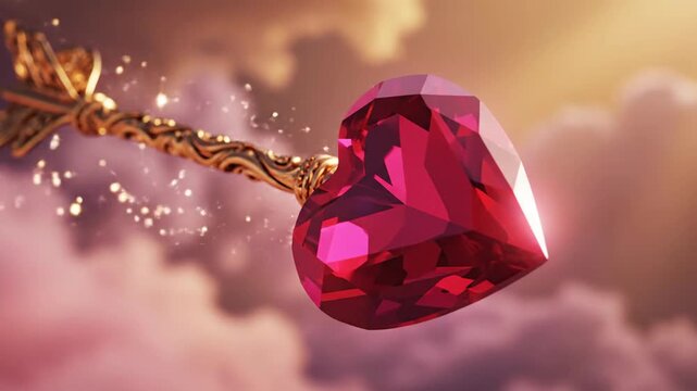 Sparkling gem heart pierced by cupid arrow romantic love concept
