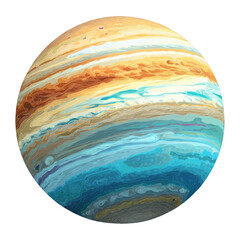 A mesmerizing depiction of a giant gas planet with swirling clouds of orange, brown, and blue hues showcasing its intricate atmospheric patterns on transparent background
