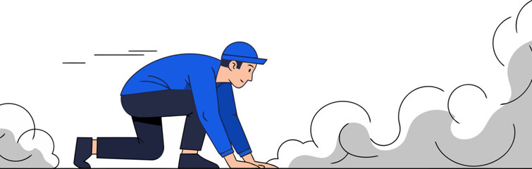 A worker crawls under smoke, conveying urgency and risk. Bold blue figure against a hazy background. Dynamic and impactful visual.