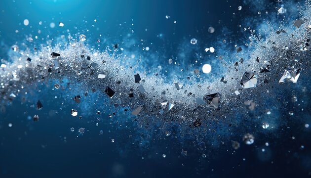 Abstract art composition features scattered diamonds, platinum dust against deep blue backdrop. Visual representation emphasizes contrast form shape texture. Artistic design suits luxury tech science
