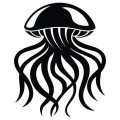 Black jellyfish with a bellshaped body and wavy tentacles swims against a white backdrop